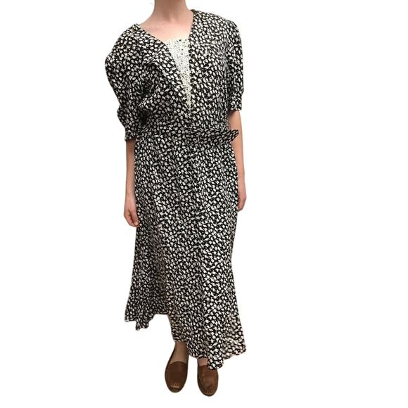 Vintage 80s Liz Roberts Floral Rayon A-Line Belted Dress M/L - Picture 1 of 10